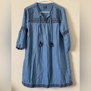 J Jill Denim Tencel Dress Tassels Embroidered Sz.S  Petite Boho Blue Hippy